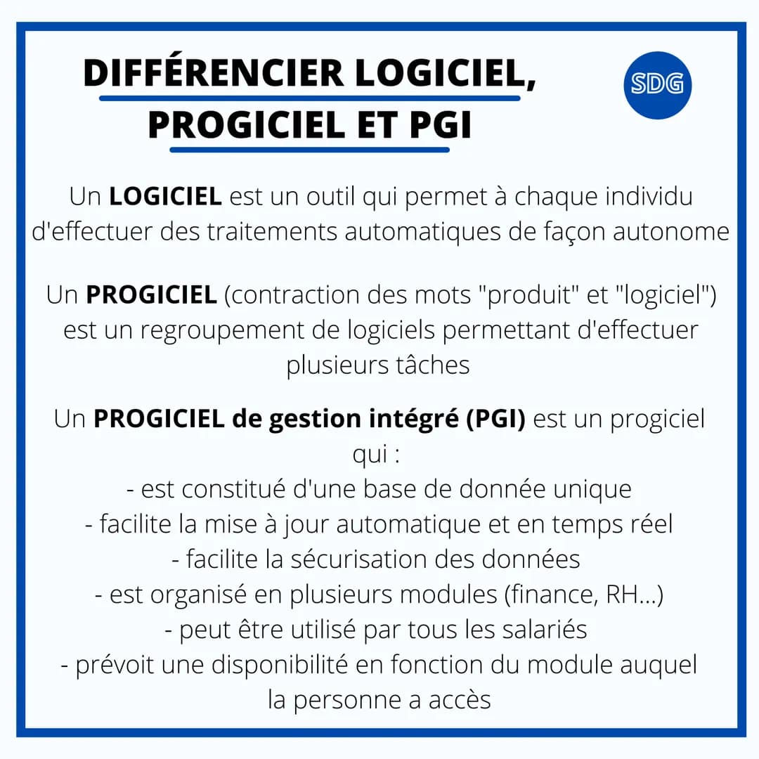 SCIENCE DE GESTION
LE SYSTÈME DE
GESTION INTÉGRÉ DIFFÉRENCIER
LOGICIEL,
PROGICIEL ET PGI
SDG
Un LOGICIEL est un outil qui permet à chaque in