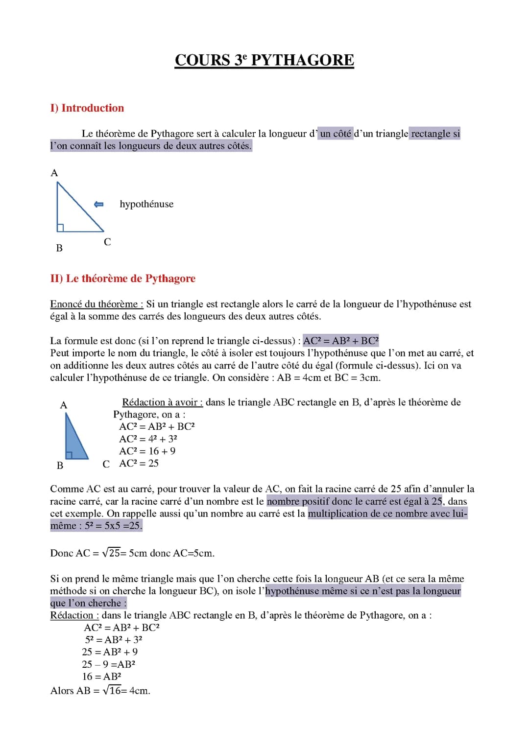 Cours Pythagore 3e 