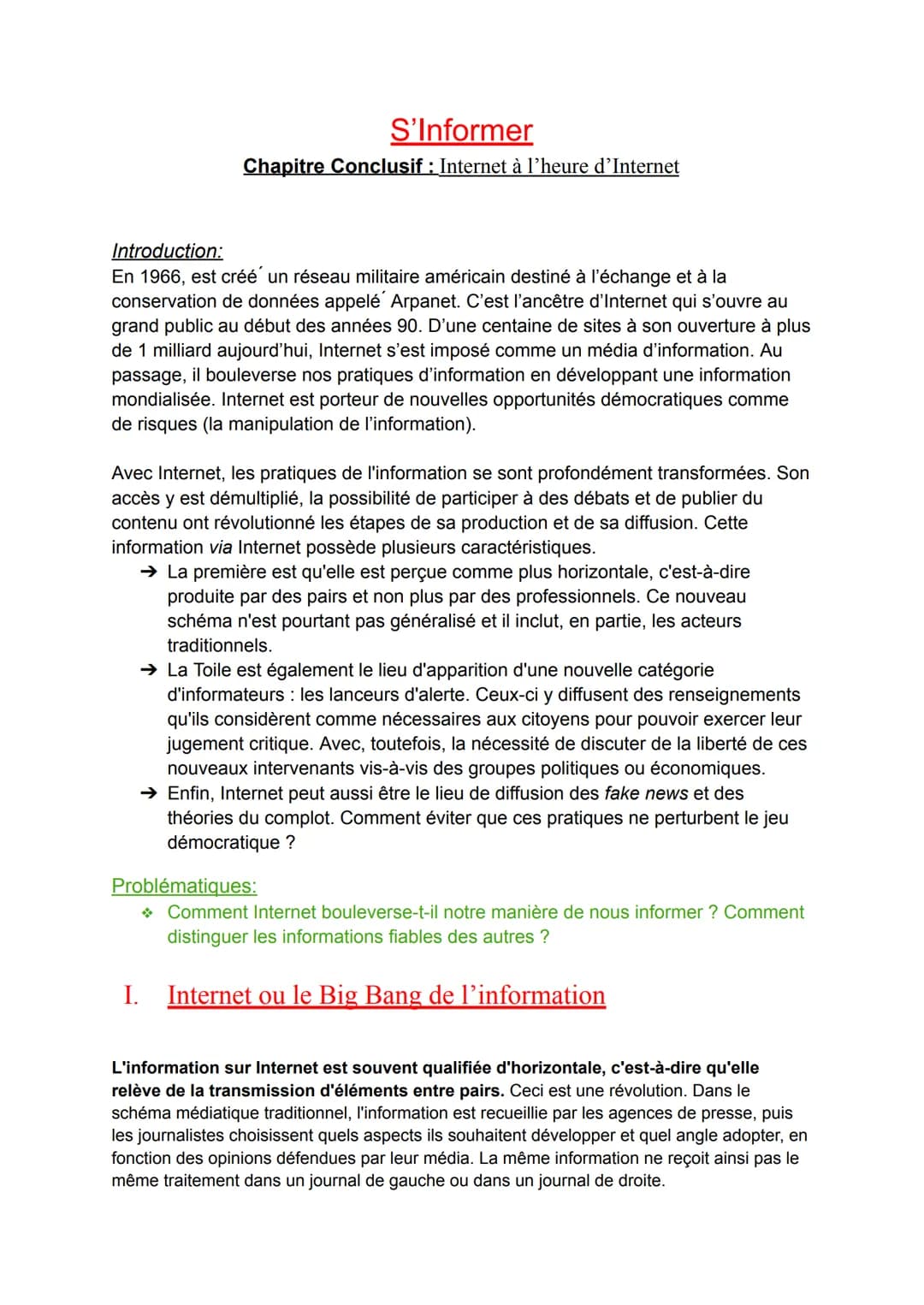 S'Informer
Chapitre Conclusif : Internet à l'heure d'Internet
Introduction:
En 1966, est créé un réseau militaire américain destiné à l'écha