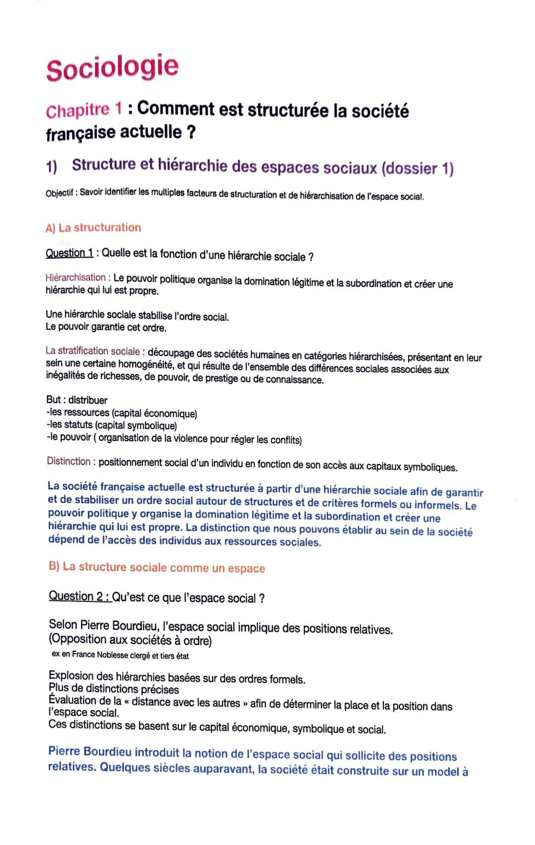Sociologie
Chapitre 1 : Comment est structurée la société
française actuelle ?
1) Structure et hiérarchie des espaces sociaux (dossier 1)
Ob