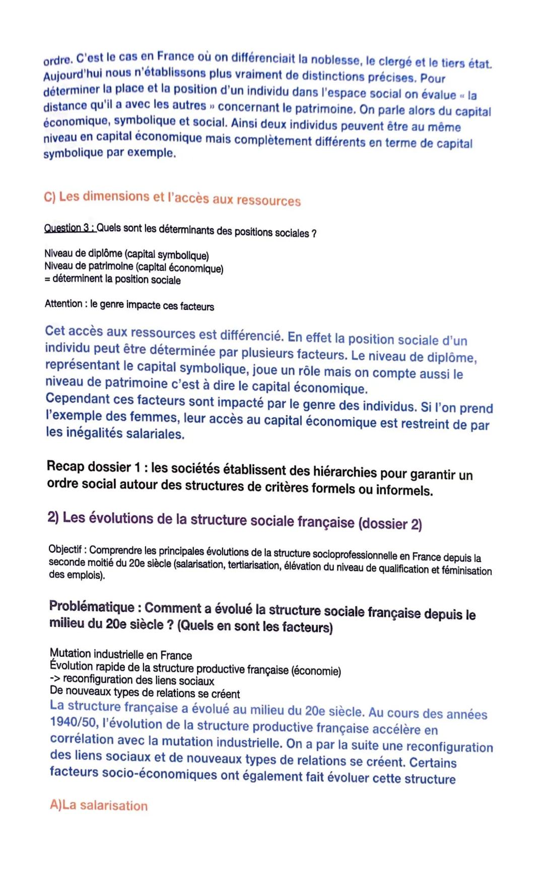 Sociologie
Chapitre 1 : Comment est structurée la société
française actuelle ?
1) Structure et hiérarchie des espaces sociaux (dossier 1)
Ob