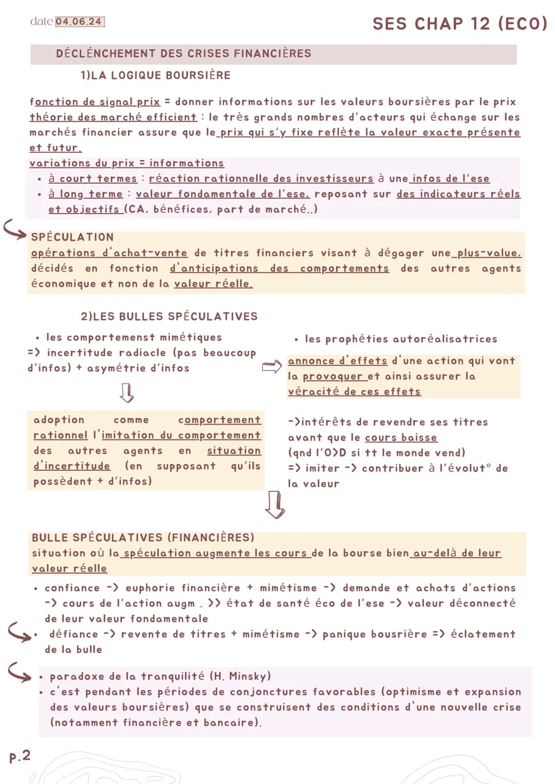 P.1
date 04.06.24
SES CHAP 12 (ÉCO)
Comment expliquer les crises financières et réguler le
système financier ?
Axes I-comment la logique du 