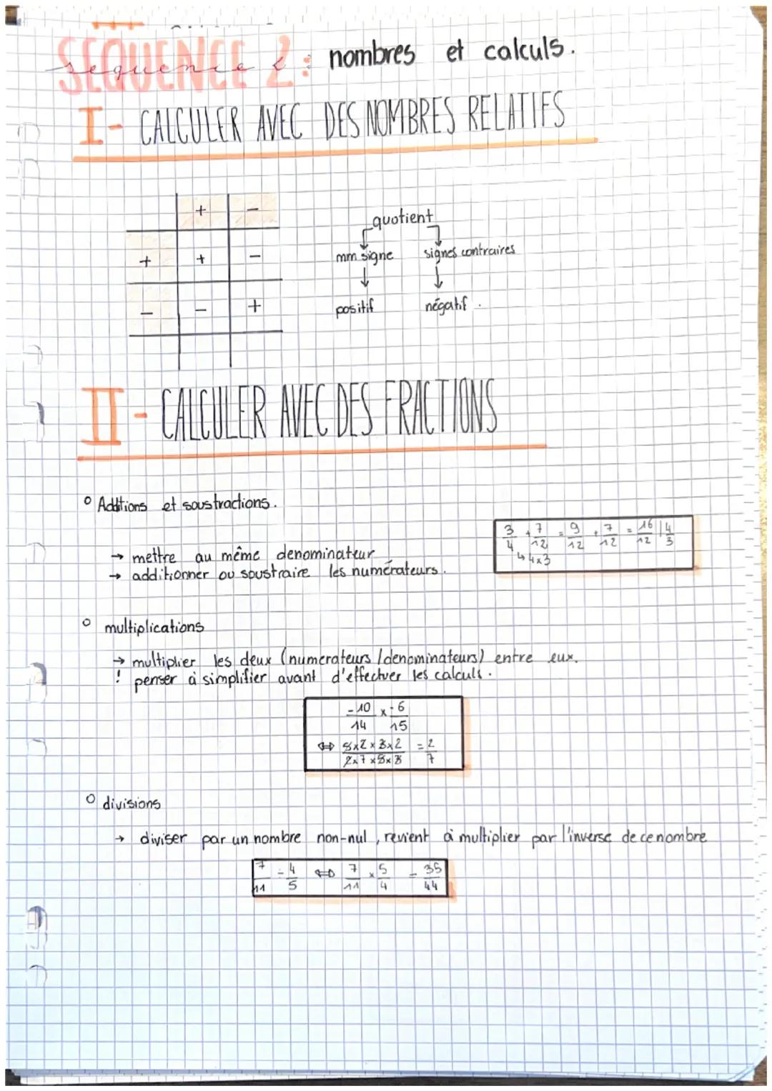 SEQUENCE & nombres et calculs
I- CALCULER AVEC DES NOMBRES RELATIFS.
+
+
+
☐
+
quotient
mm signe
↓
positif
signes contraires
+
négatif
• IT 