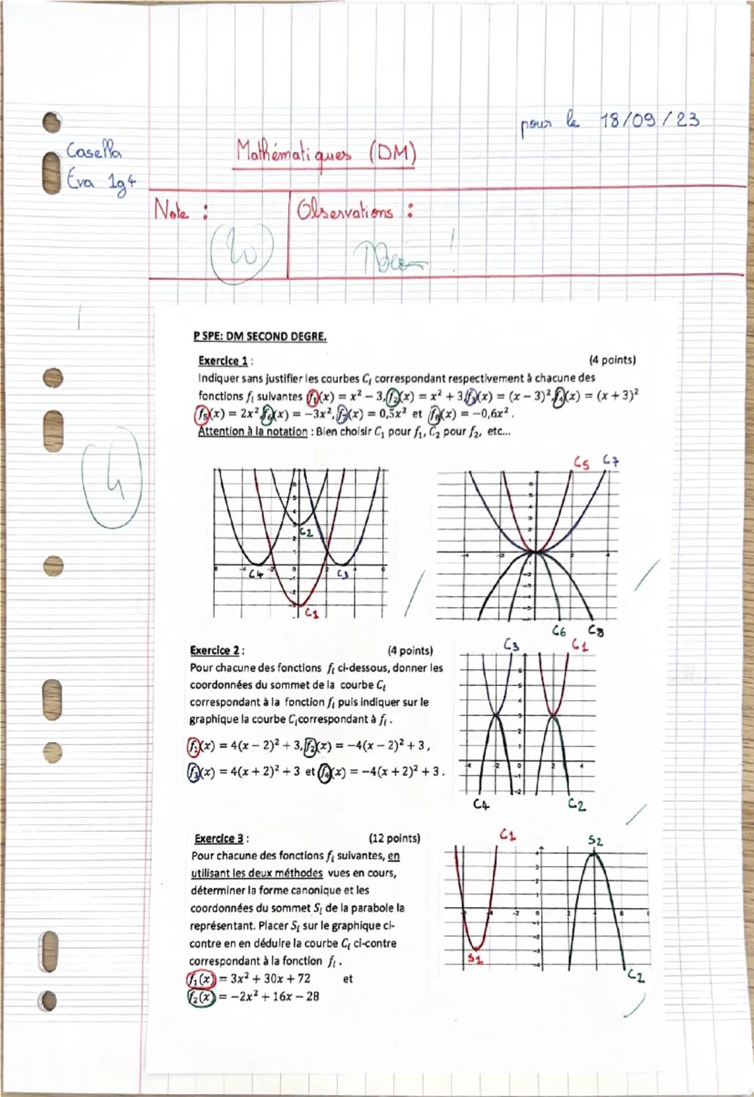 --- OCR Start ---
Casella
Mathématiques (DM)
Olservations:
Be
Eva 194
Note:
W
pour le 18/09/23
PSPE: DM SECOND DEGRE.
Exercice 1:
(4 points)