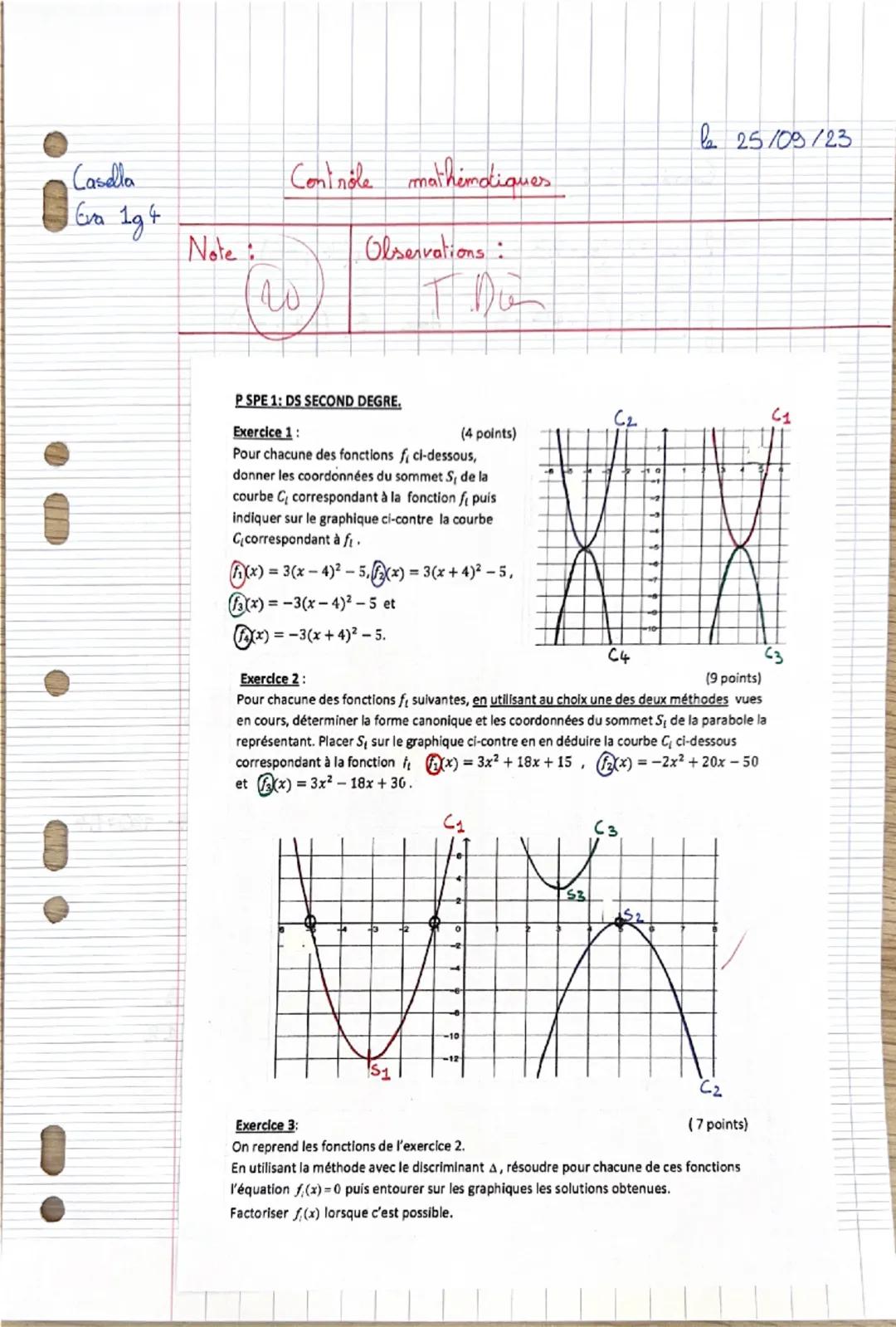 --- OCR Start ---
Casella
Mathématiques (DM)
Olservations:
Be
Eva 194
Note:
W
pour le 18/09/23
PSPE: DM SECOND DEGRE.
Exercice 1:
(4 points)