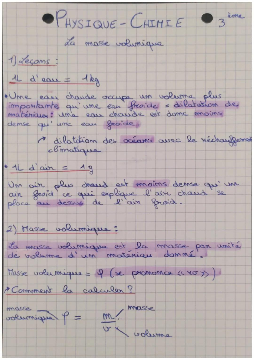 # PHYSIQUE-CHIMIE
La masse volumique
3ème

1) Leçoms:

* 1L d'eau = 1kg

* Ume eau chaude occupe um volume plus
importante qu'ume eau froide