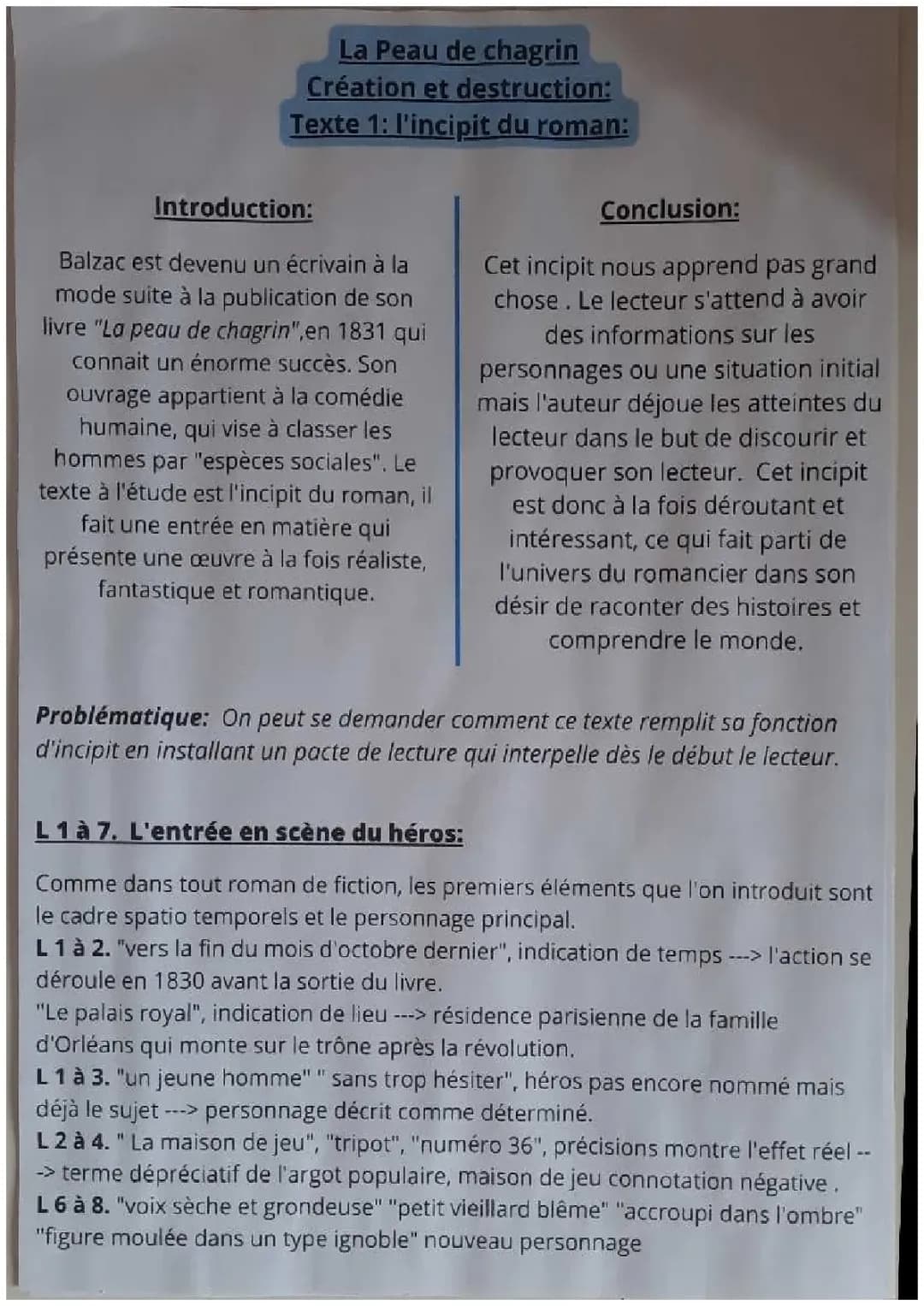 Analyse linéaire: Incipit La Peau de chagrin + PDF, le Talisman et plus