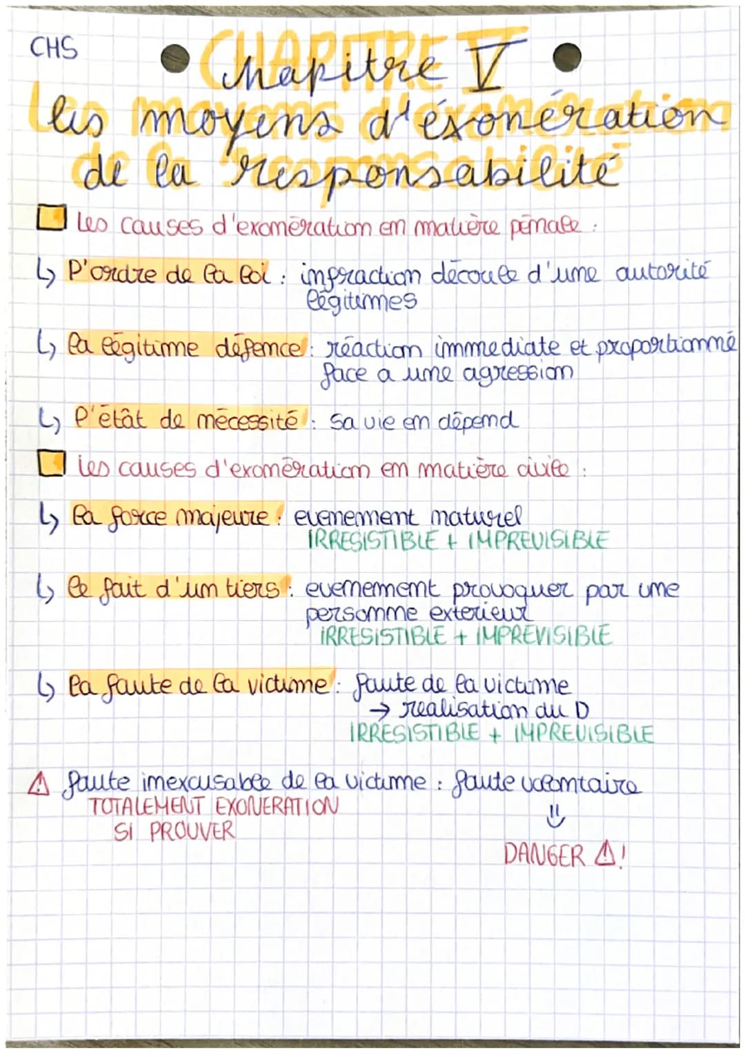 CHS
•Chapitre I •
les moyens d'exonération
de la responsabilité
Les causes d'exomeration en matière pénale
1
↳y P'ordre de la foi: infractio