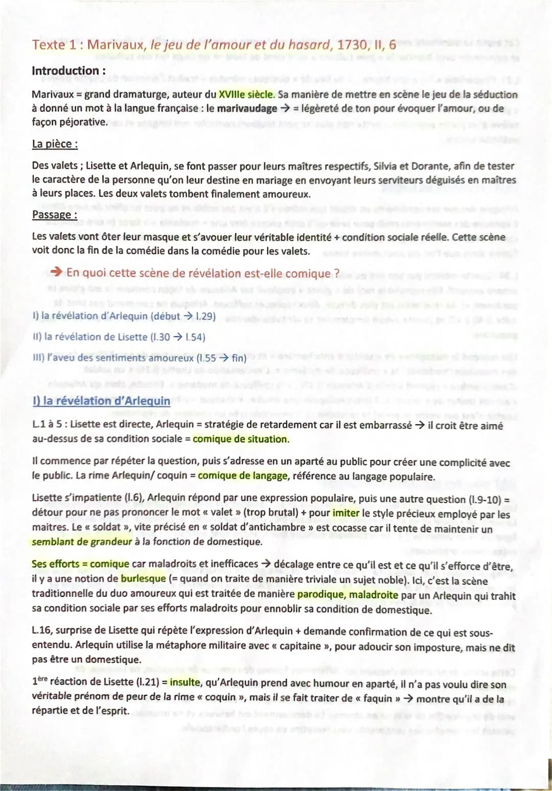 Texte 1: Marivaux, le jeu de l'amour et du hasard, 1730, II, 6
Introduction :
Marivaux = grand dramaturge, auteur du XVIIIe siècle. Sa maniè