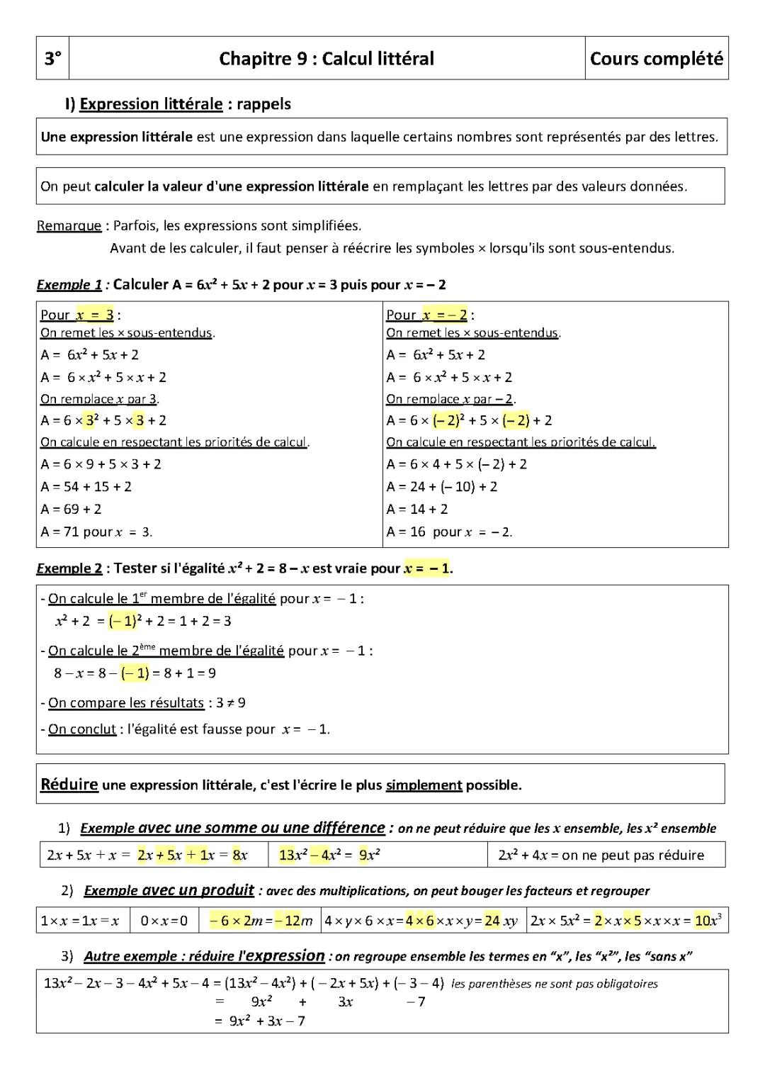 Exercices et Corrigés de Calcul Littéral pour 4ème et 5ème - PDF