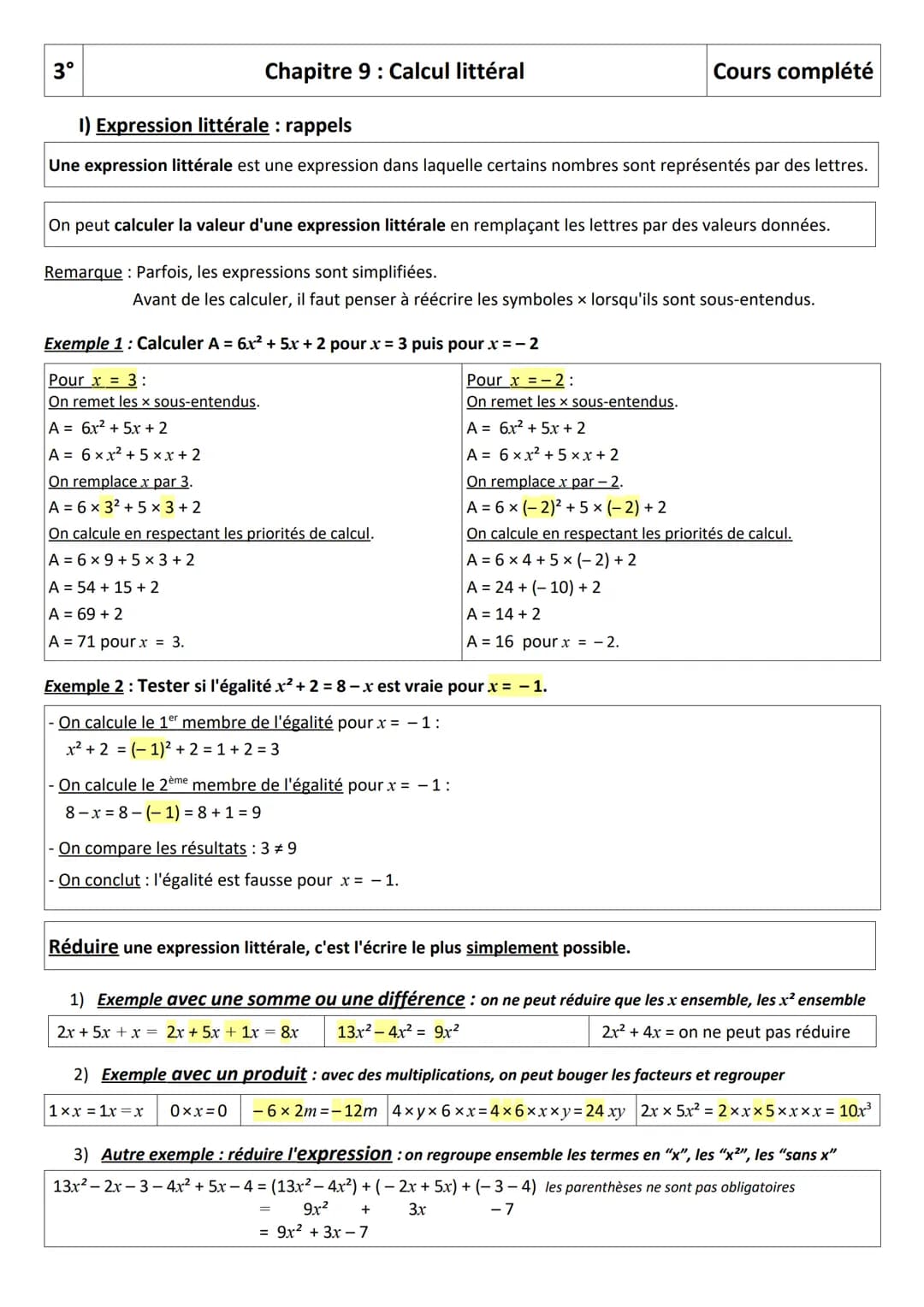 3°
Chapitre 9: Calcul littéral
I) Expression littérale : rappels
Une expression littérale est une expression dans laquelle certains nombres 