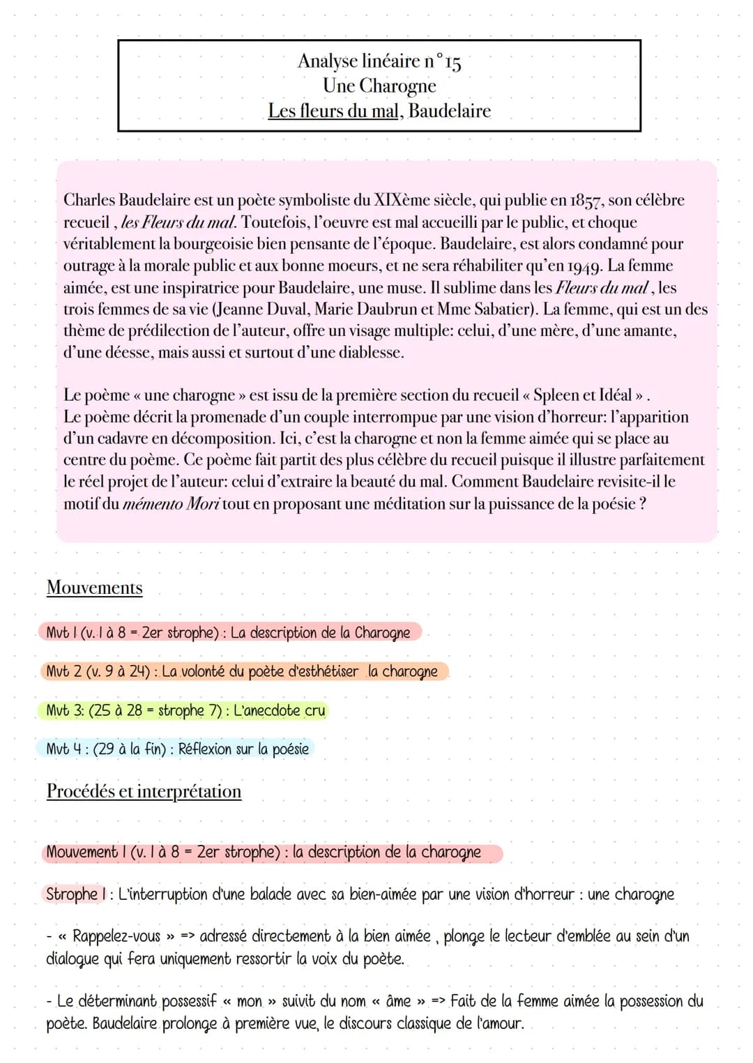 Analyse linéaire n°15
Une Charogne
Les fleurs du mal, Baudelaire
Charles Baudelaire est un poète symboliste du XIXème siècle, qui publie en 