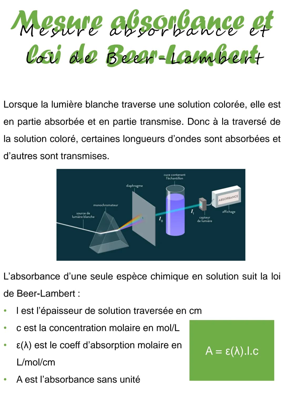Lorsque la lumière blanche traverse une solution colorée, elle est
en partie absorbée et en partie transmise. Donc à la traversé de
la solut