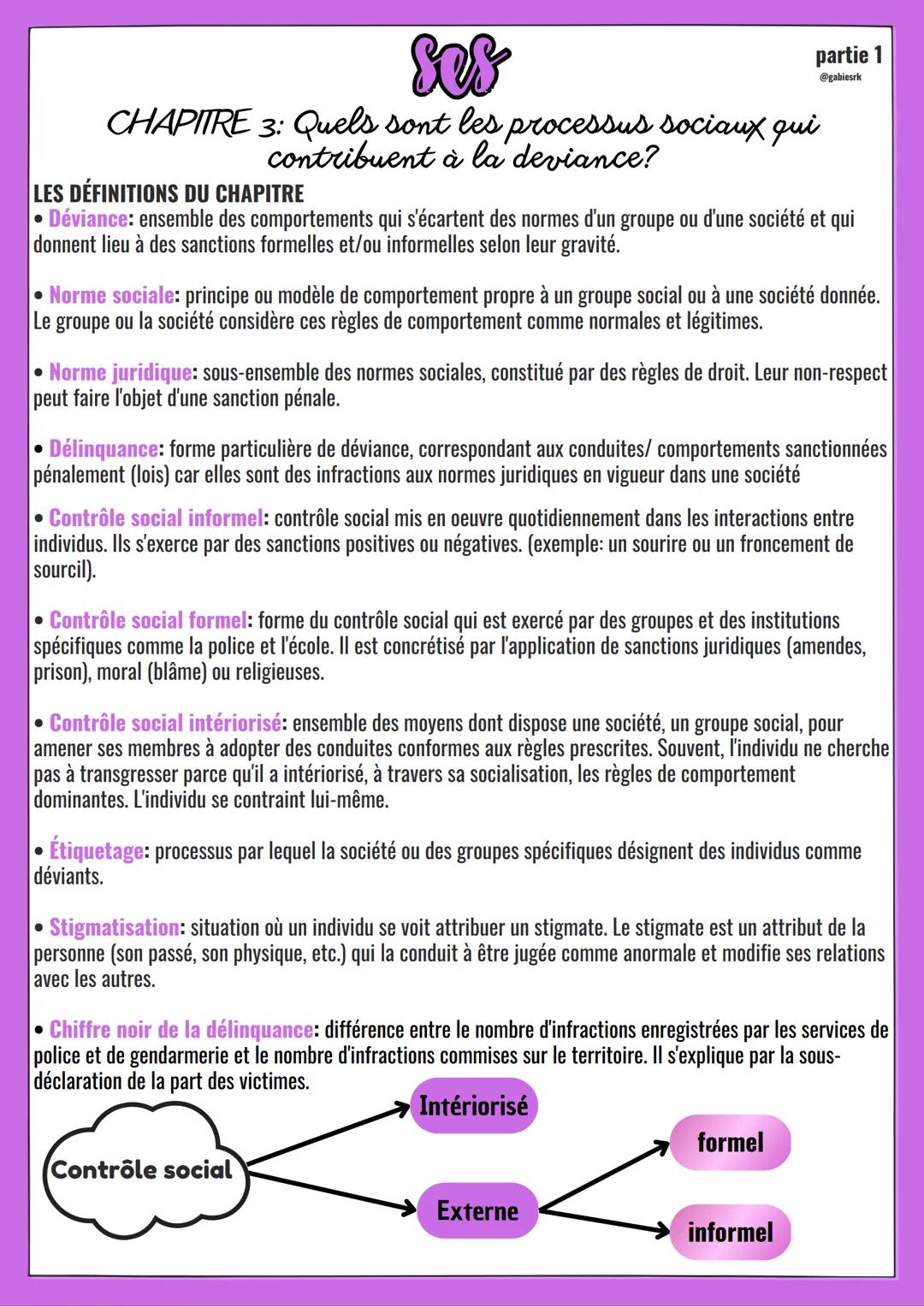 LES DÉFINITIONS DU CHAPITRE
●
Déviance: ensemble des comportements qui s'écartent des normes d'un groupe ou d'une société et qui
donnent lie