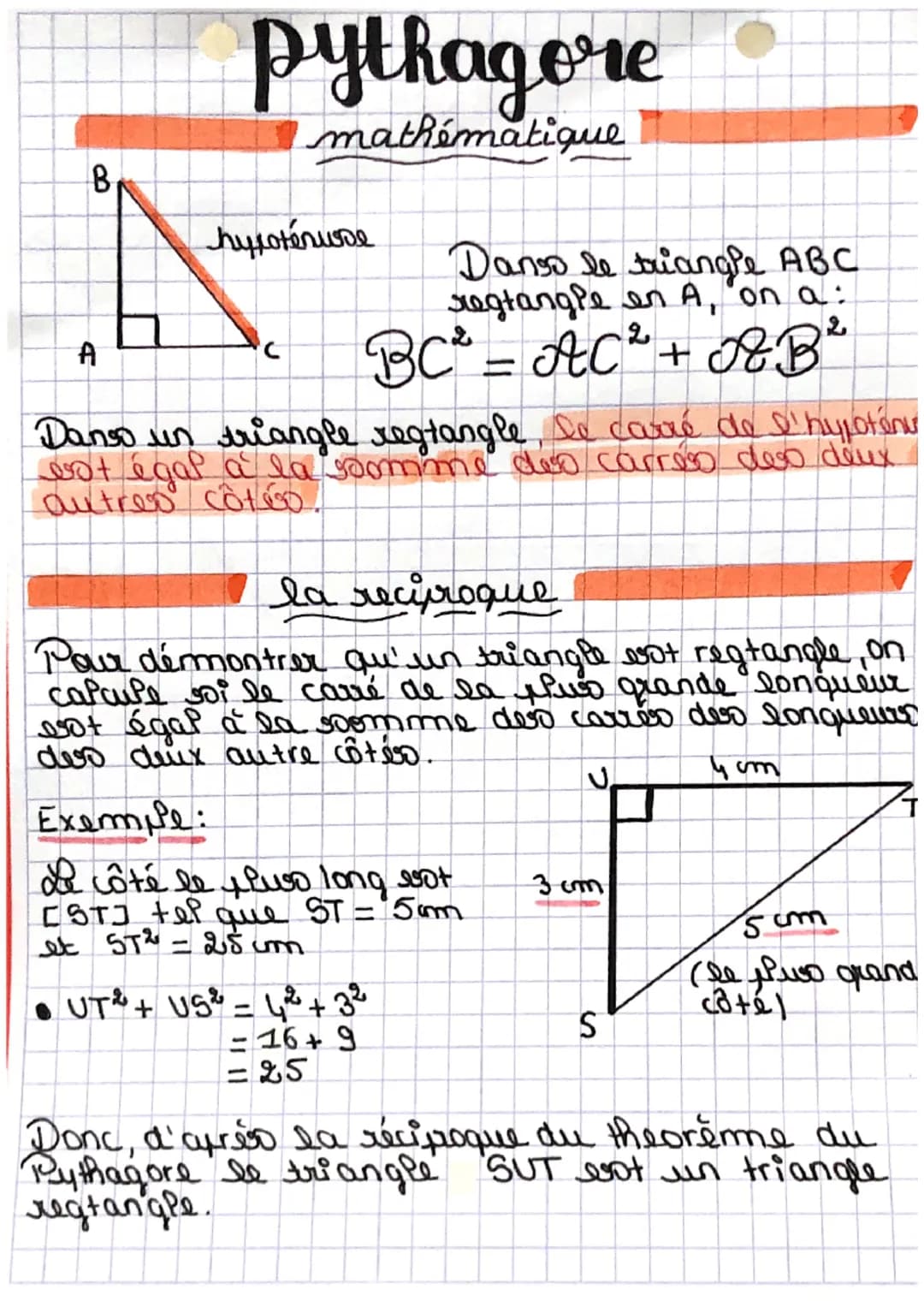 B
A
pythagore
mathématique
hypotéruse
Dango le triangle ABC
regtangle en A, on a:
BC² = AC² + AB
Danso un triangle regtangle, le carré de l'