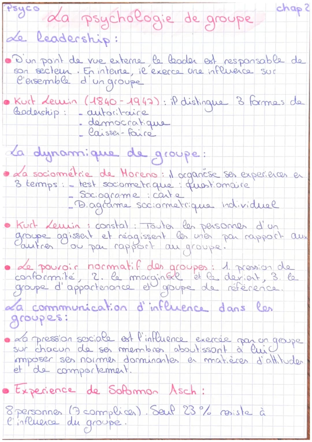 psyco La
La psychologie de groupe
Le leadership:
•D'un point de vue externe le leader est responsable de
son secteun. En inteire, il exerce 