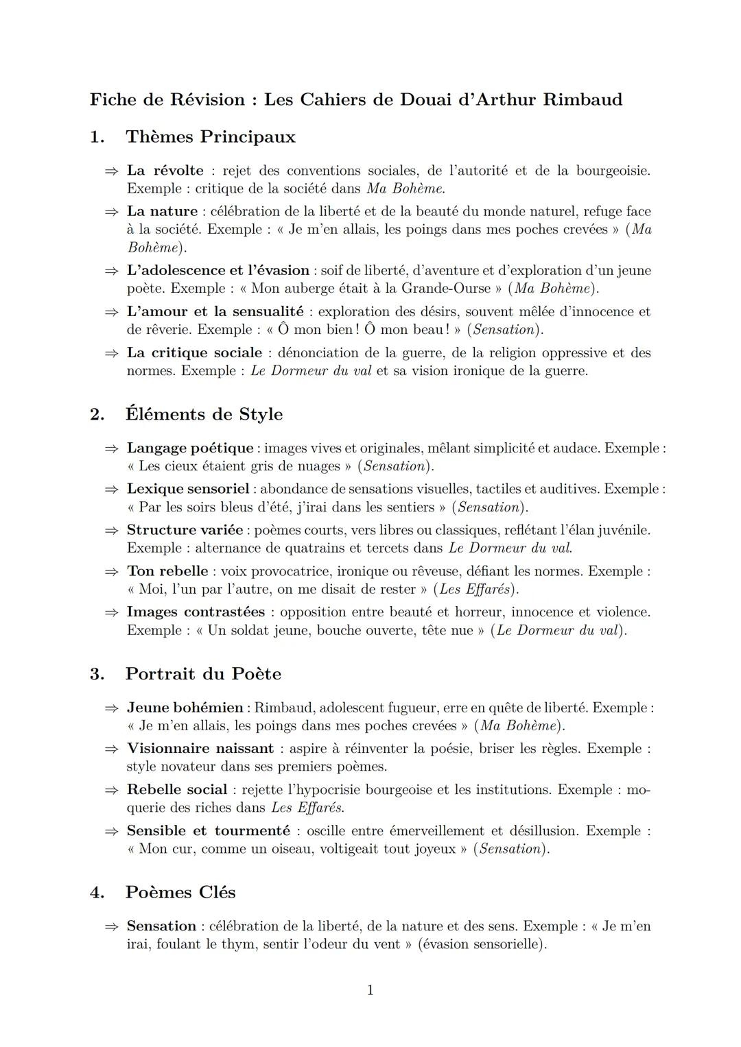 Fiche de Révision: Les Cahiers de Douai d'Arthur Rimbaud
1. Thèmes Principaux
⇒ La révolte: rejet des conventions sociales, de l'autorité et