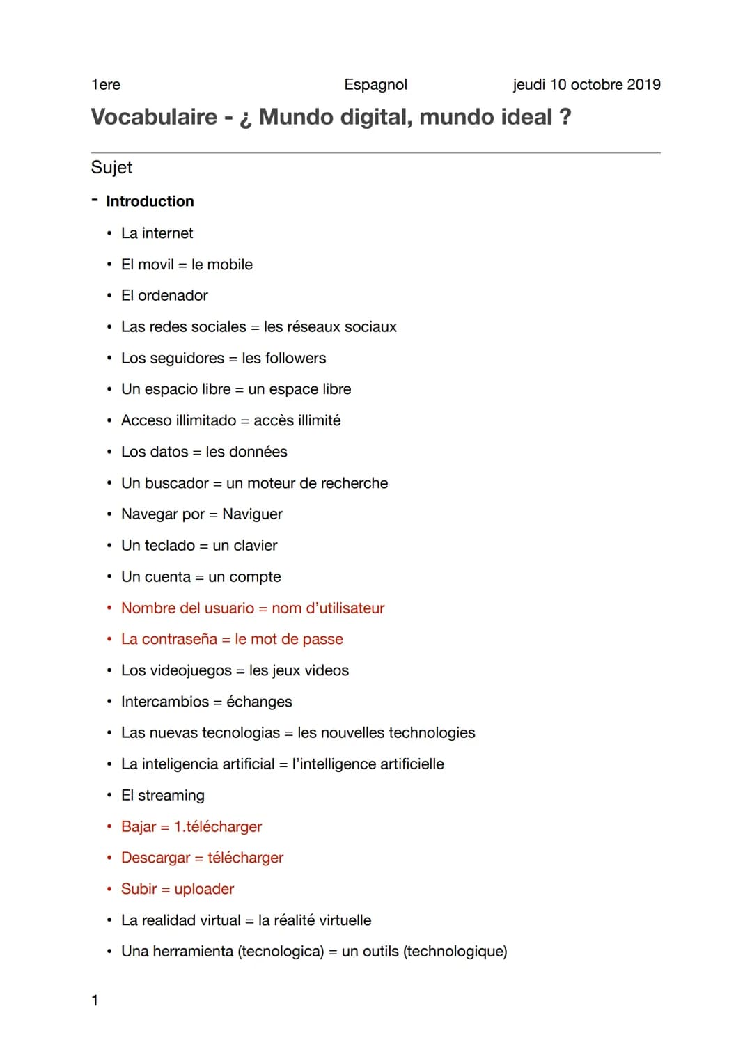 1ere
Espagnol
Vocabulaire - Mundo digital, mundo ideal ?
Sujet
- Introduction
1
• La internet
• El movil = le mobile
• El ordenador
• Las re