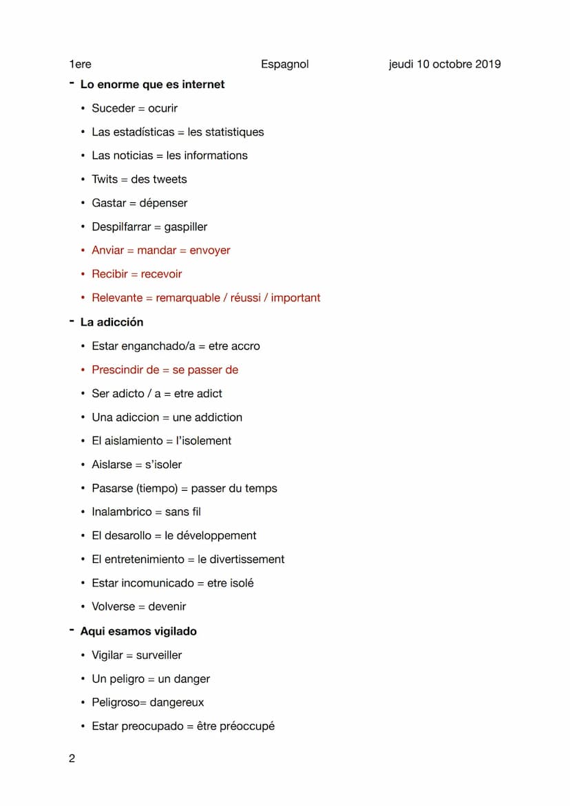 1ere
Espagnol
Vocabulaire - Mundo digital, mundo ideal ?
Sujet
- Introduction
1
• La internet
• El movil = le mobile
• El ordenador
• Las re