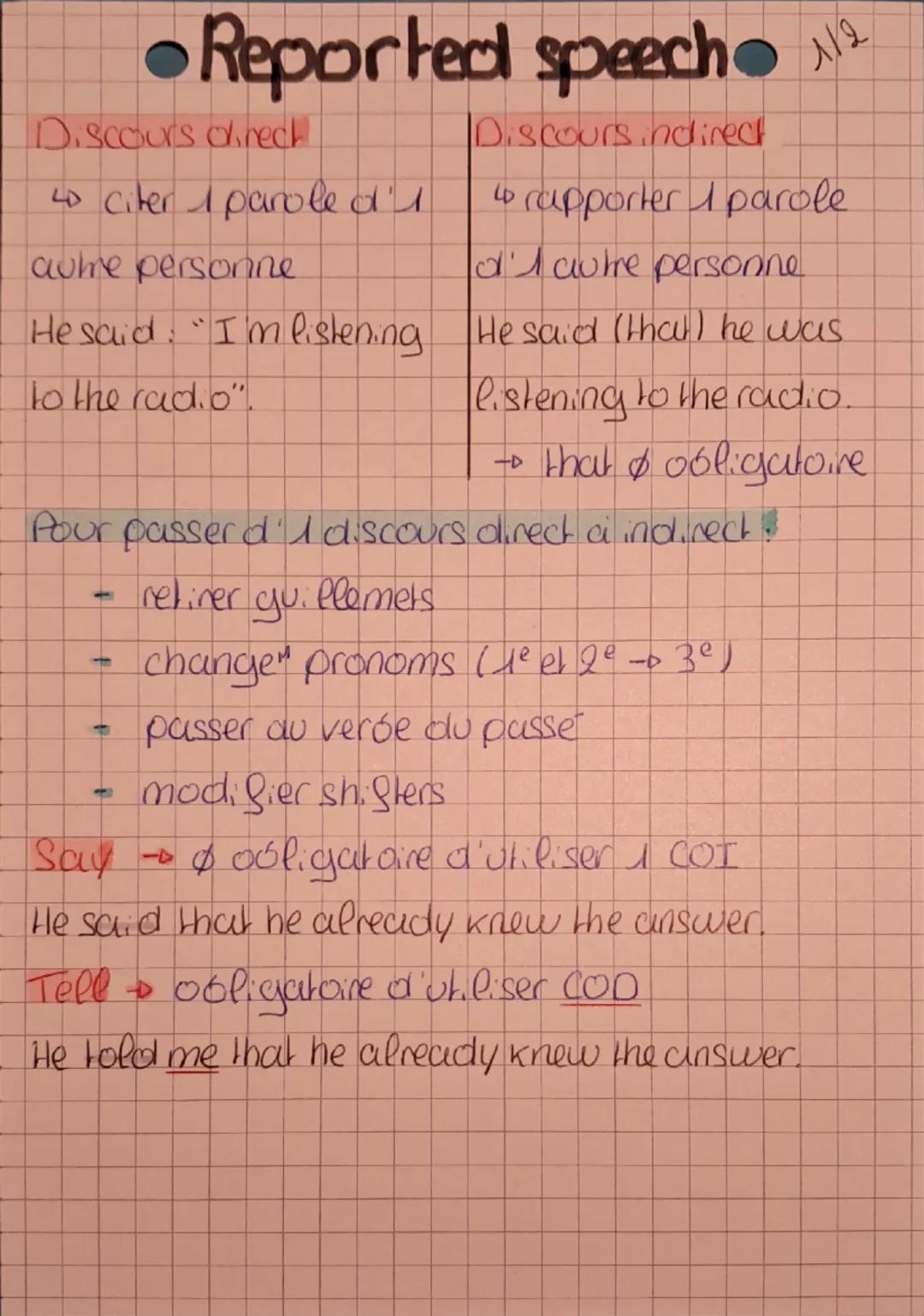 # Reported speeche M

Discours direch

4 citer 1 parole d'1
aume personne

He said: "I'm listening
to the radio".

Discoursindirect

4 rappo