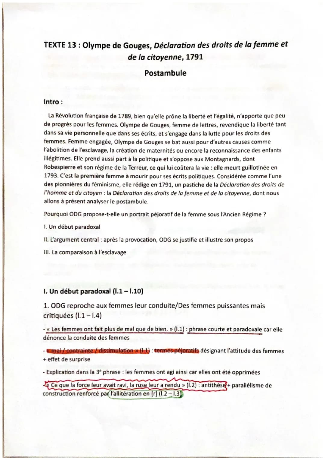TEXTE 13: Olympe de Gouges, Déclaration des droits de la femme et
de la citoyenne, 1791
Postambule
Intro :
La Révolution française de 1789, 