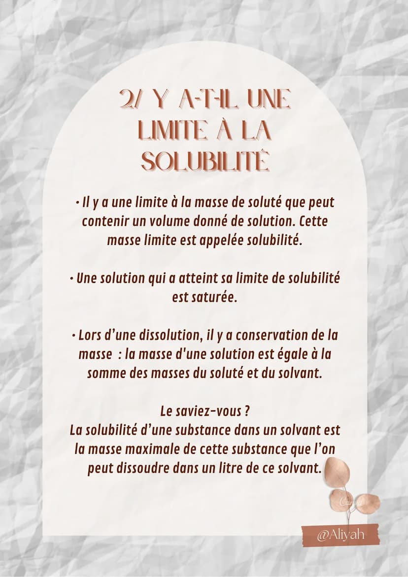 LES
MÉLANGES
Cycle 4
Ca
@Aliyah 1/ ÉTUDE DE LA
SOLUBILITÉ D'UN SOLIDE
DANS UN LIQUIDE
• Lors d'une dissolution, la substance dissoute
s'appe