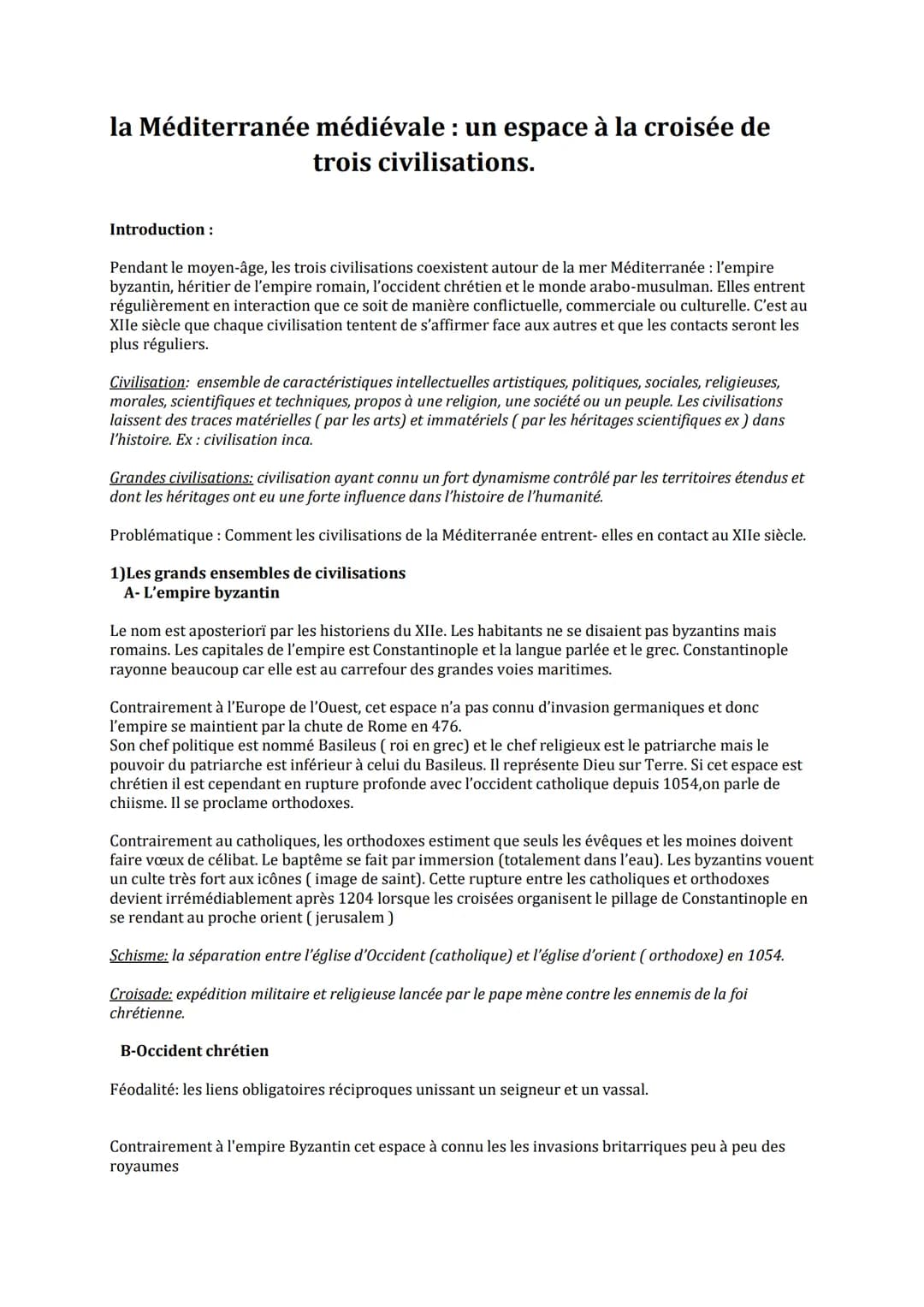 la Méditerranée médiévale : un espace à la croisée de
trois civilisations.
Introduction :
Pendant le moyen-âge, les trois civilisations coex