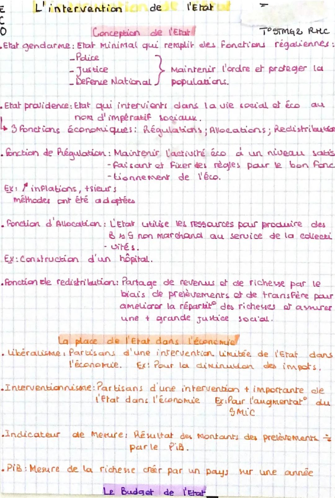 L'intervention de l'Etat
Conception de l'Etat
TOSTMG RHC
Etat gendarme: Etat Minimal qui remplit eles fonctions régaliennes :
-Police
-Justi
