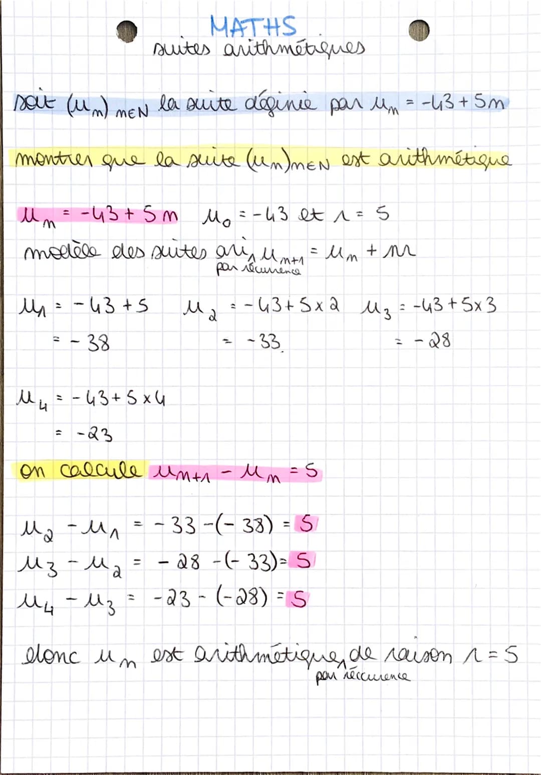 soit (um) MEN la suite définie par um = -43 +5m
montrer que la suite (un)MEN est arithmétique
5
Мп = -43+5 m мо=-43 et л =
modèle des suites