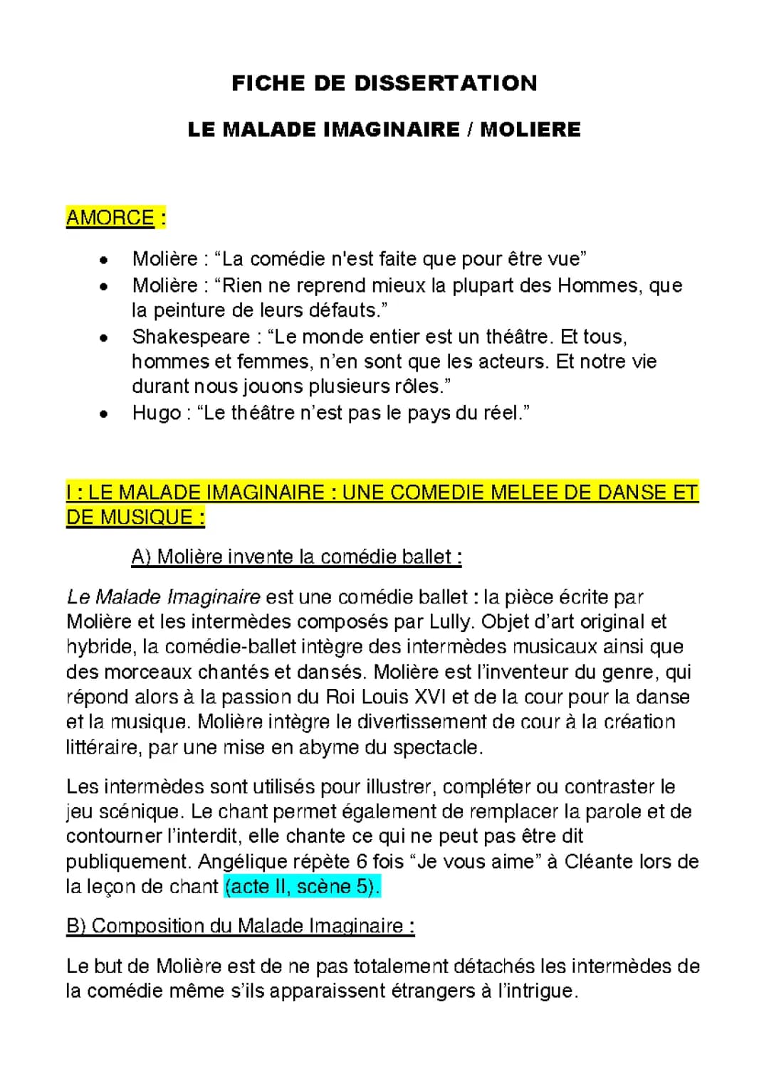 Dissertation Le Malade Imaginaire: Citations, Analyse et PDF