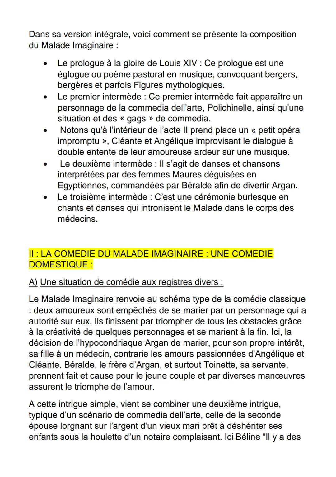 AMORCE:
FICHE DE DISSERTATION
LE MALADE IMAGINAIRE / MOLIERE
Molière : "La comédie n'est faite que pour être vue"
Molière: "Rien ne reprend 