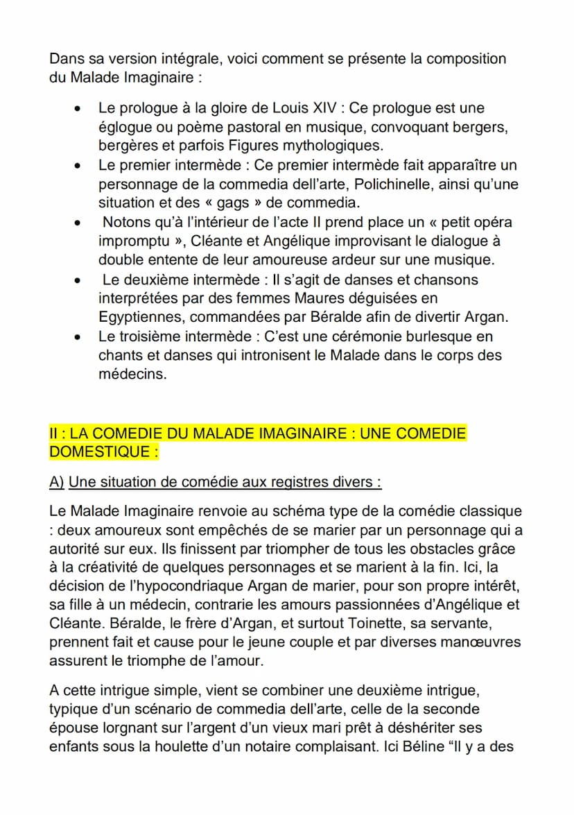 AMORCE:
FICHE DE DISSERTATION
LE MALADE IMAGINAIRE / MOLIERE
Molière : "La comédie n'est faite que pour être vue"
Molière: "Rien ne reprend 