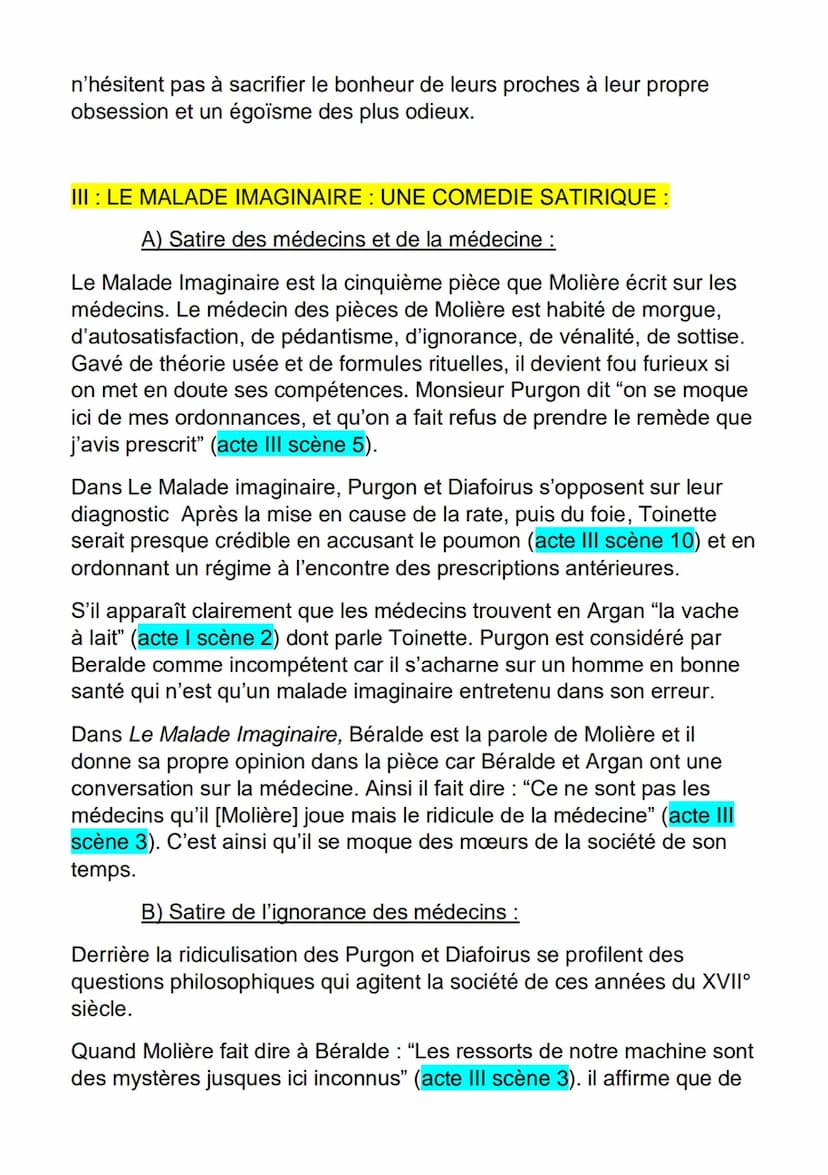 AMORCE:
FICHE DE DISSERTATION
LE MALADE IMAGINAIRE / MOLIERE
Molière : "La comédie n'est faite que pour être vue"
Molière: "Rien ne reprend 