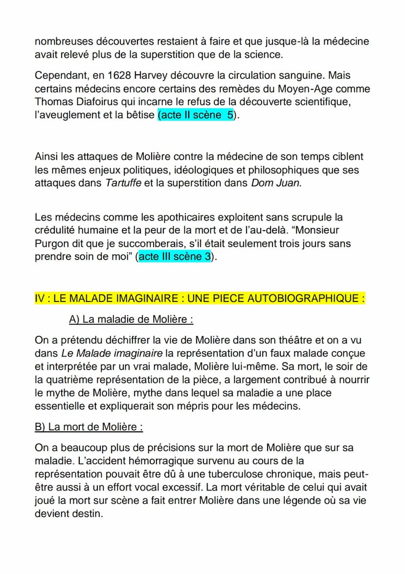 AMORCE:
FICHE DE DISSERTATION
LE MALADE IMAGINAIRE / MOLIERE
Molière : "La comédie n'est faite que pour être vue"
Molière: "Rien ne reprend 