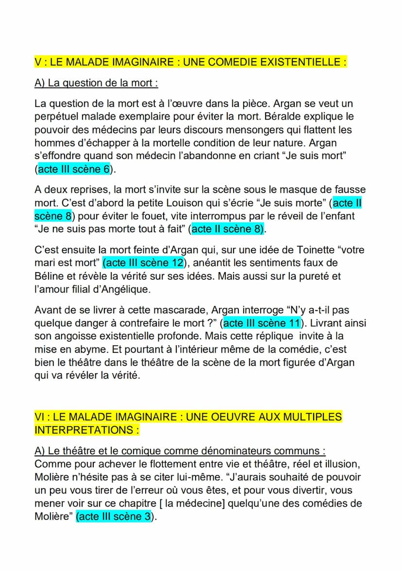 AMORCE:
FICHE DE DISSERTATION
LE MALADE IMAGINAIRE / MOLIERE
Molière : "La comédie n'est faite que pour être vue"
Molière: "Rien ne reprend 