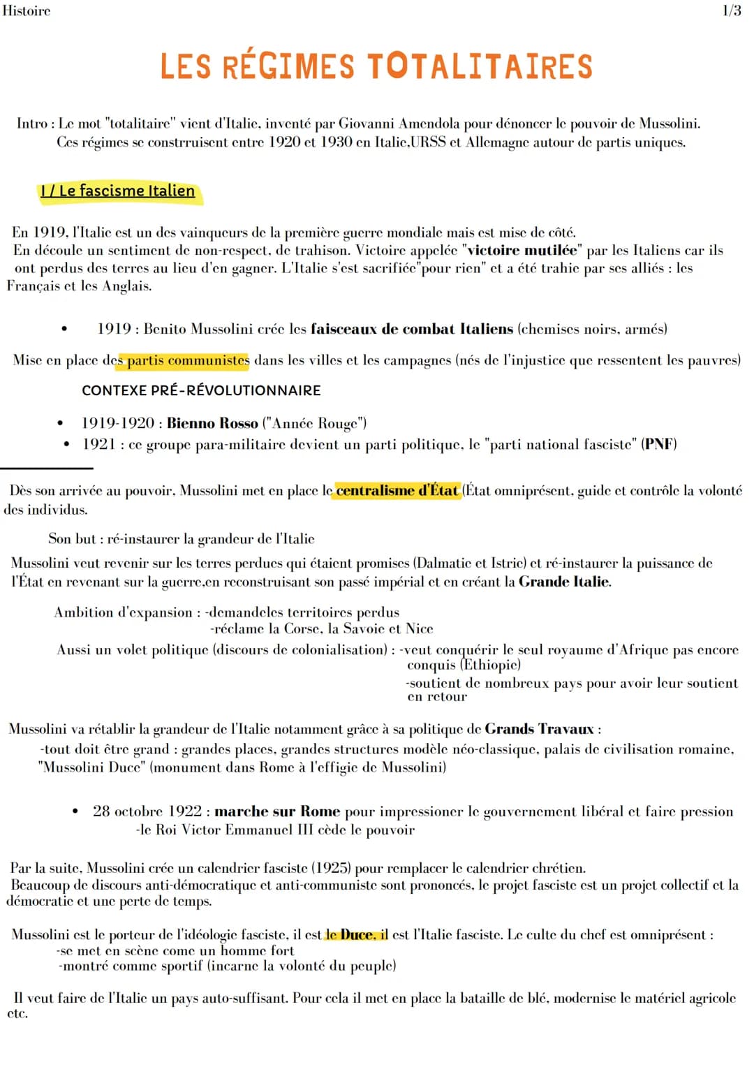 Histoire
LES RÉGIMES TOTALITAIRES
Intro : Le mot "totalitaire" vient d'Italic, inventé par Giovanni Amendola pour dénoncer le pouvoir de Mus