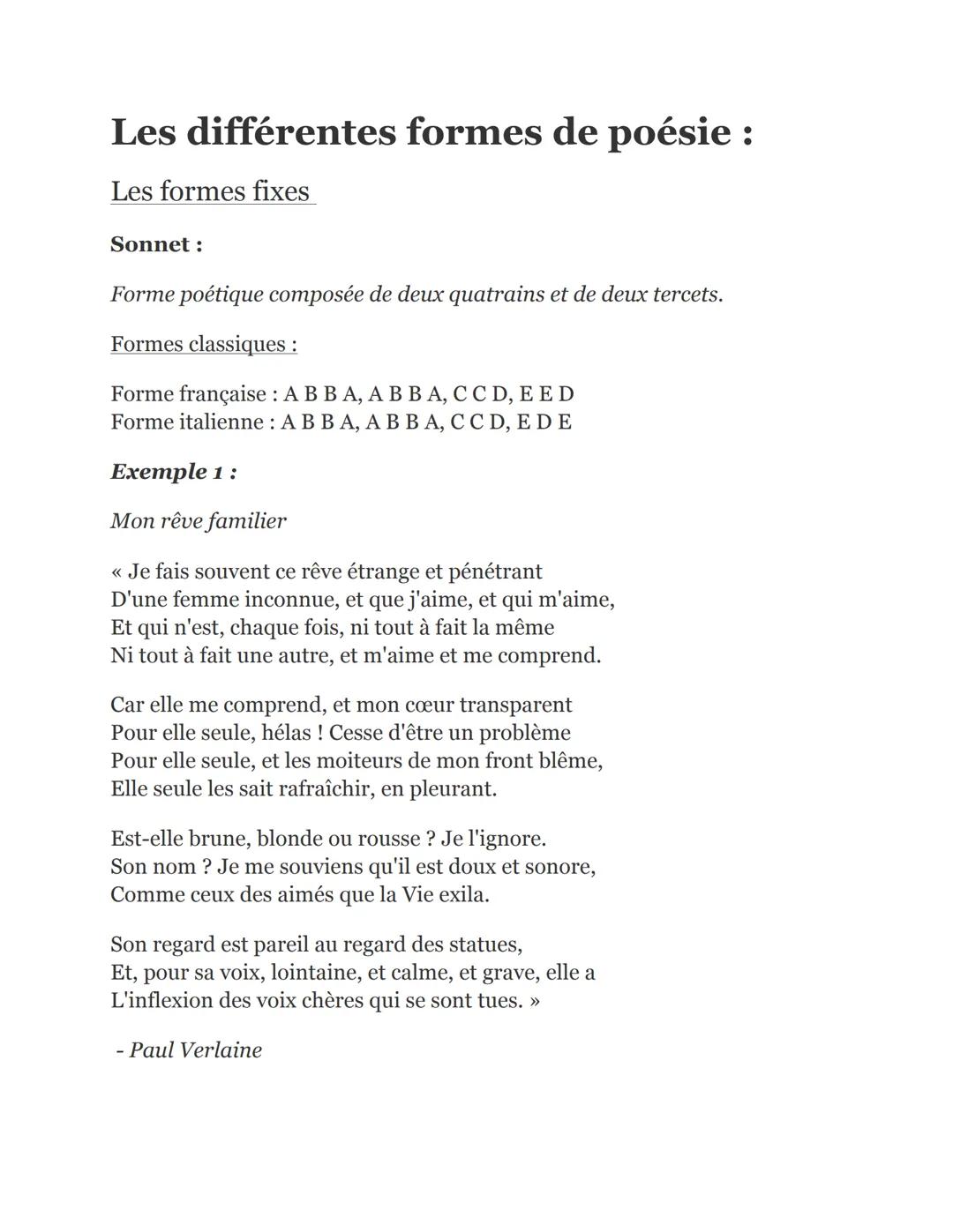 Les différentes formes de poésie :
Les formes fixes
Sonnet:
Forme poétique composée de deux quatrains et de deux tercets.
Formes classiques 