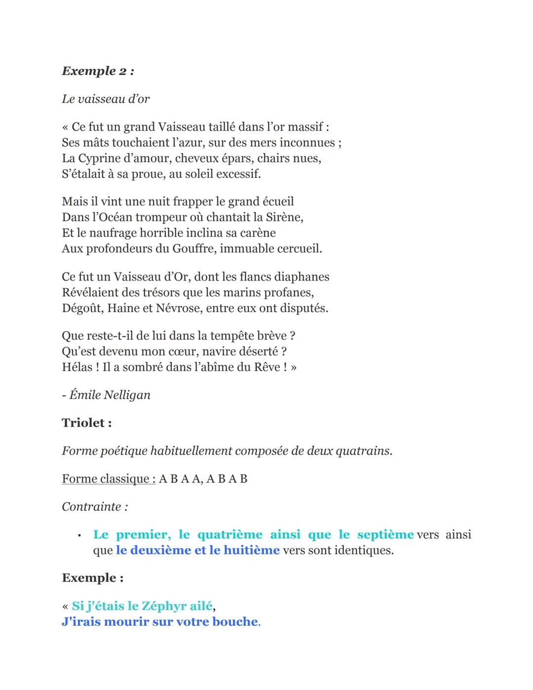 Les différentes formes de poésie :
Les formes fixes
Sonnet:
Forme poétique composée de deux quatrains et de deux tercets.
Formes classiques 