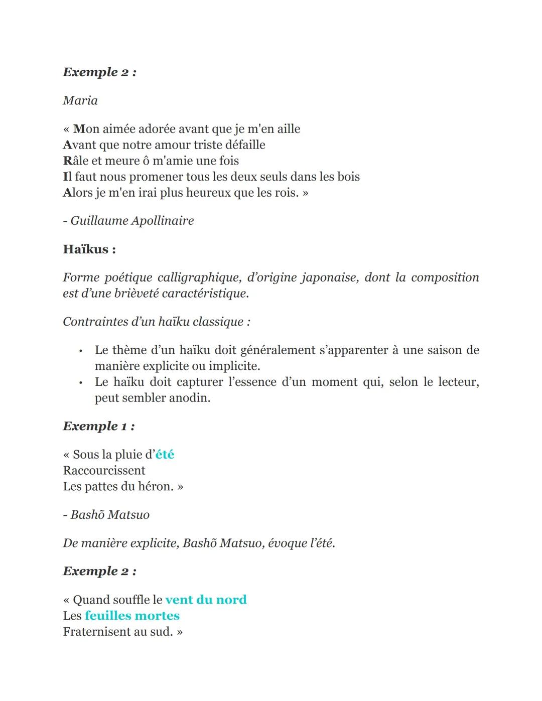 Les différentes formes de poésie :
Les formes fixes
Sonnet:
Forme poétique composée de deux quatrains et de deux tercets.
Formes classiques 