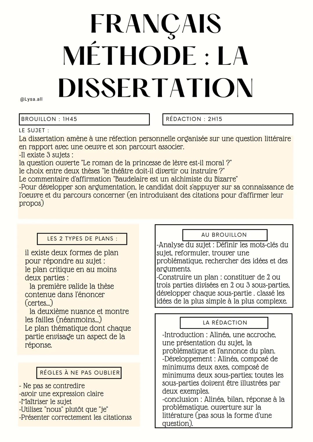 @Lysa.all
FRANÇAIS
MÉTHODE : LA
DISSERTATION
BROUILLON : 1H45
LE SUJET :
La dissertation amène à une réfection personnelle organisée sur une