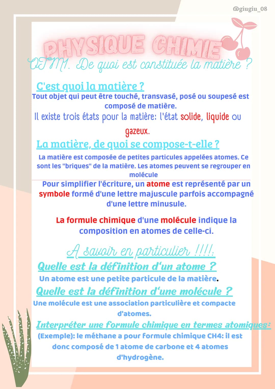 @giugiu_08
PHYSIQUE CHIMIE
QFM1. De quoi est constituée la matière ?
C'est quoi la matière ?
Tout objet qui peut être touché, transvasé, pos