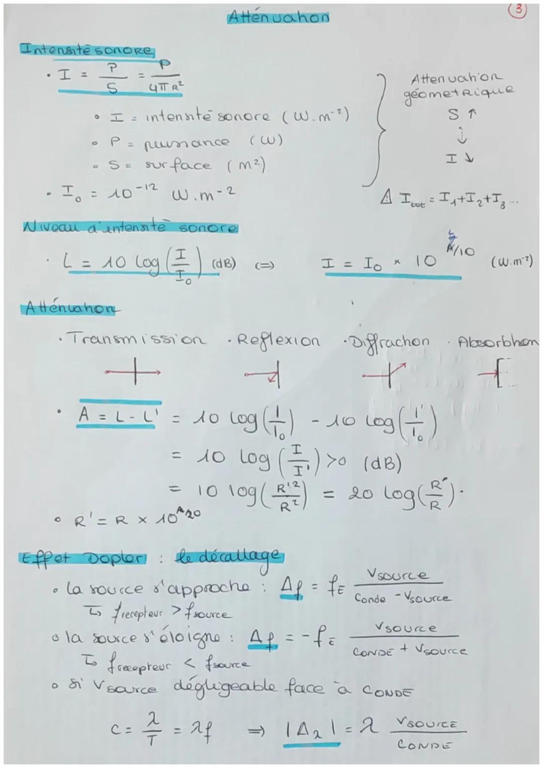 Attenuahon
(3)
Intensité sonore
*   $I = \frac{P}{S} = \frac{P}{4 \pi R^2}$

*   $I$ = intensité sonore (w.m⁻²)
*   $P$ = puissance (w)
*   