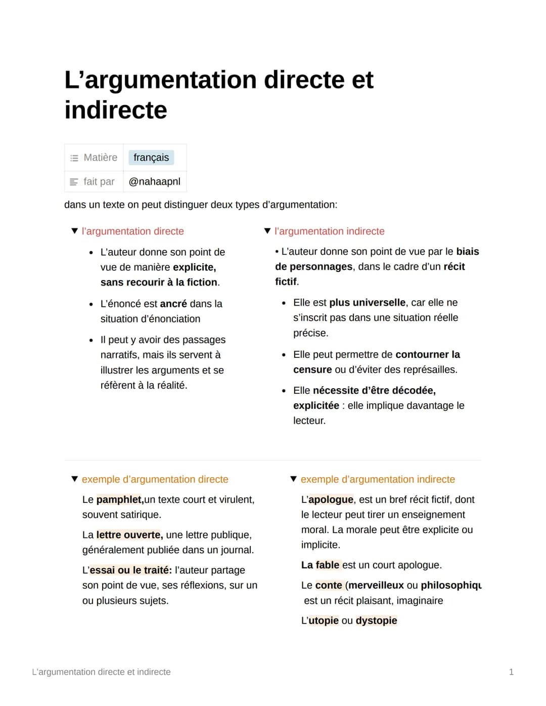 L'argumentation directe et
indirecte
Matière français
=fait par @nahaapnl
dans un texte on peut distinguer deux types d'argumentation:
l'arg