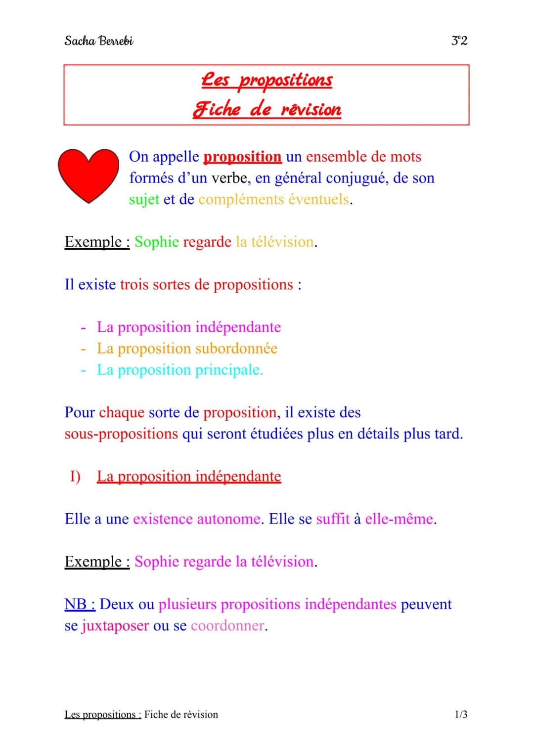 Sacha Berrebi
Les propositions
Fiche de révision
On appelle proposition un ensemble de mots
formés d'un verbe, en général conjugué, de son
s