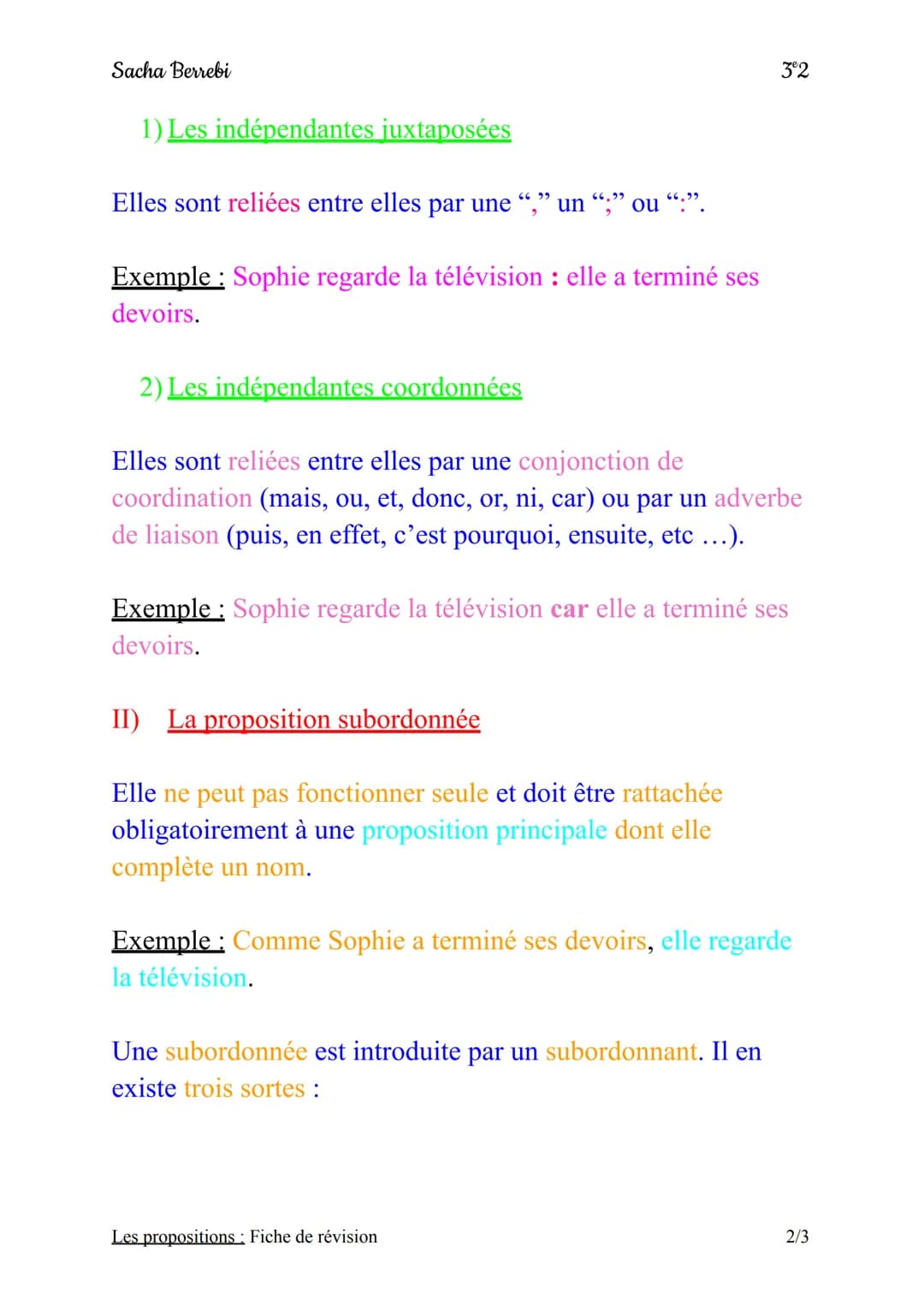 Sacha Berrebi
Les propositions
Fiche de révision
On appelle proposition un ensemble de mots
formés d'un verbe, en général conjugué, de son
s