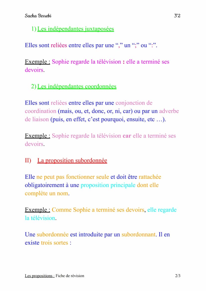 Sacha Berrebi
Les propositions
Fiche de révision
On appelle proposition un ensemble de mots
formés d'un verbe, en général conjugué, de son
s