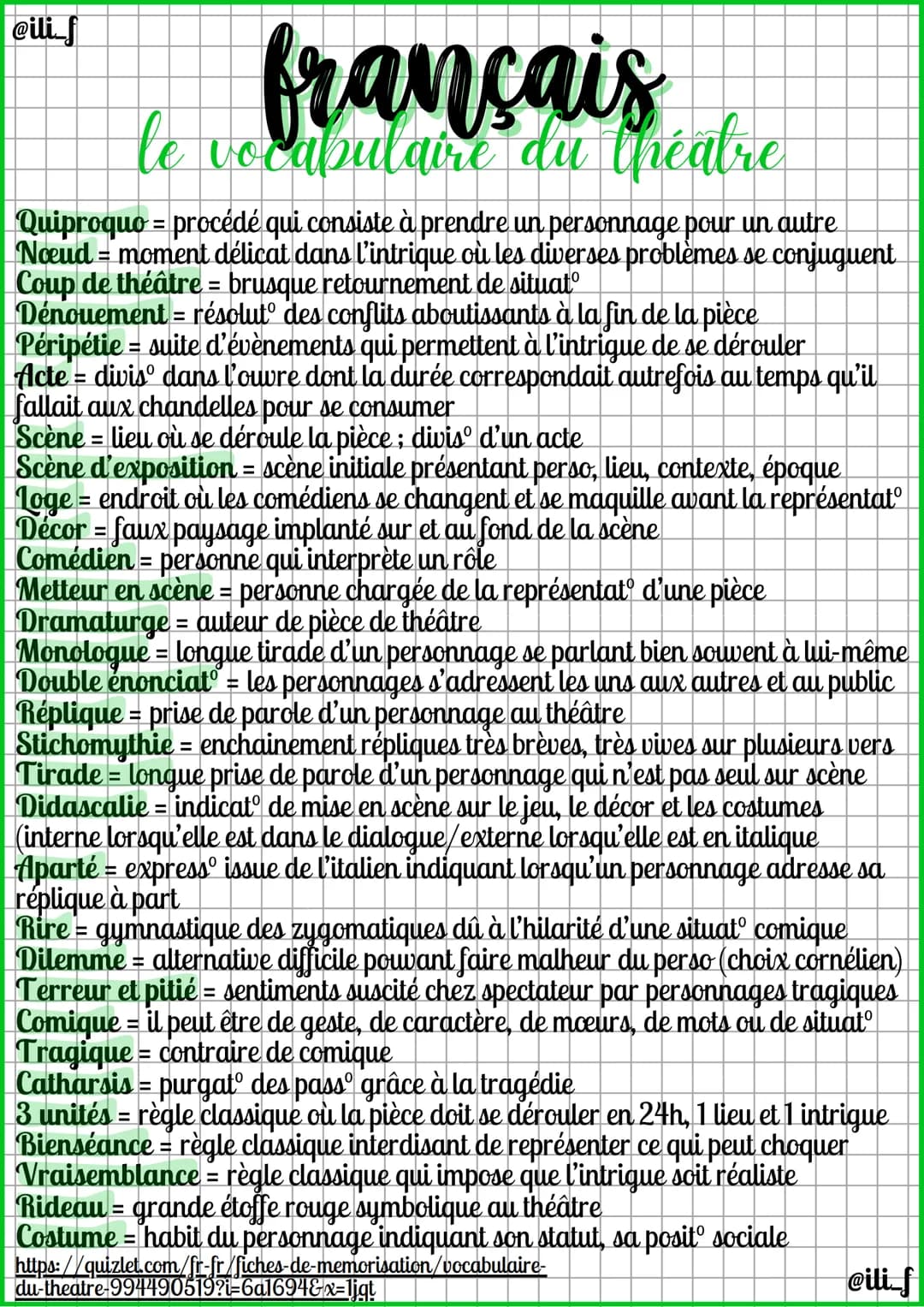 @ili_f
français
le vocabulaire du teatre
Quiproque procédé qui consiste à prendre un personnage pour un autre
Noeud = moment délicat dans l'