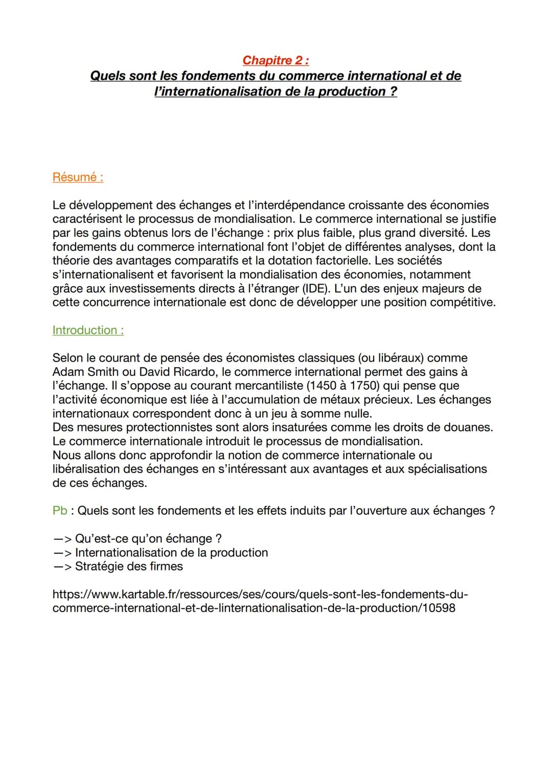 Chapitre 2 :
Quels sont les fondements du commerce international et de
l'internationalisation de la production ?
Résumé :
Le développement d