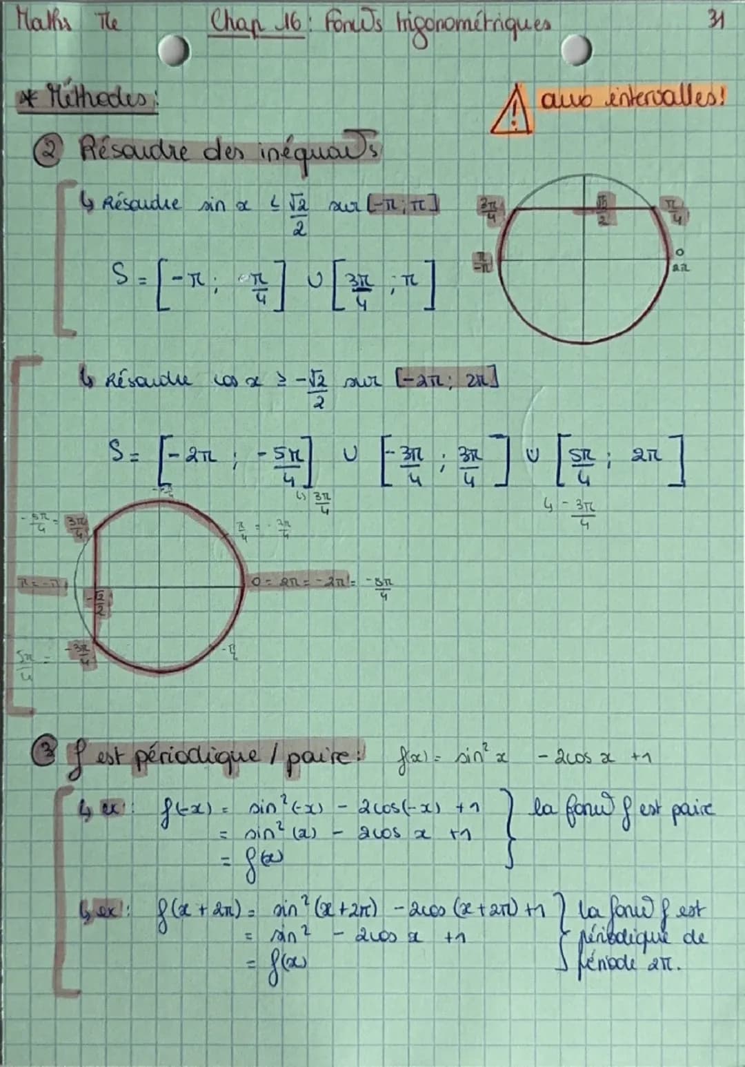 Maths The
Chap 46: Fonc's trigonometria
-1 ≤ cos (x) ≤ 1
-1 ≤ sin (x) ≤ 1
cos(x + 2kπ) = cos(x)
sin(x + 2kπ) = sin(x)
cos(-x) = cos x
sin(-x