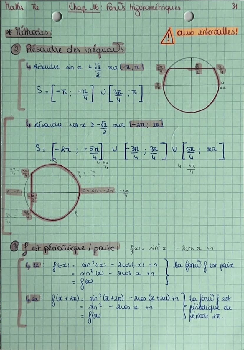 Maths The
Chap 46: Fonc's trigonometria
-1 ≤ cos (x) ≤ 1
-1 ≤ sin (x) ≤ 1
cos(x + 2kπ) = cos(x)
sin(x + 2kπ) = sin(x)
cos(-x) = cos x
sin(-x
